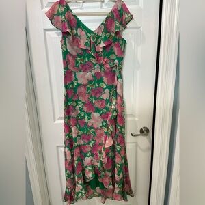 London Times Pink Ruffled Tiered Asymmetrical Sundress - size 12